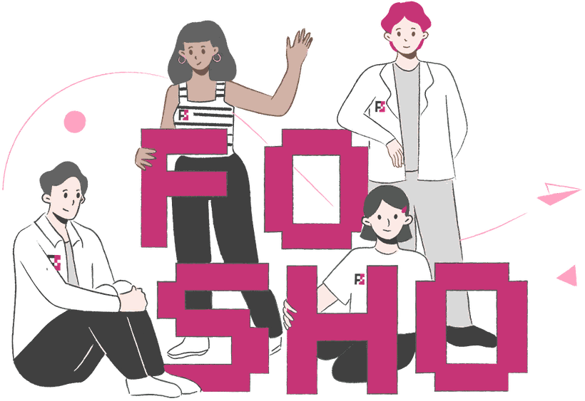 The FOSHO team with the pixel FOSHO letters